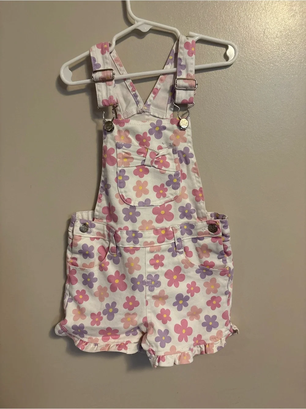 Girls Floral Print White Short Overalls